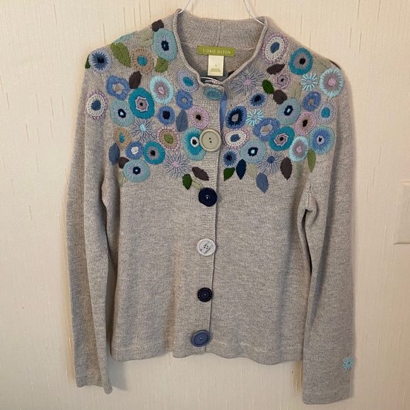 Sigrid Olsen Gray Cardigan with Blue Floral Embroidery - Picture 1 of 6